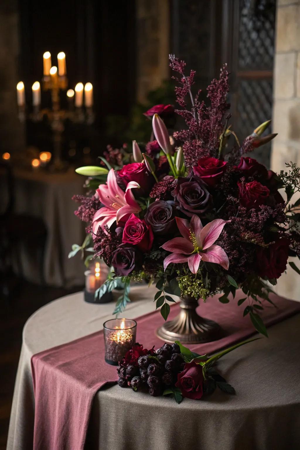 Dramatic florals enhance the mood and bring elegance to the table.