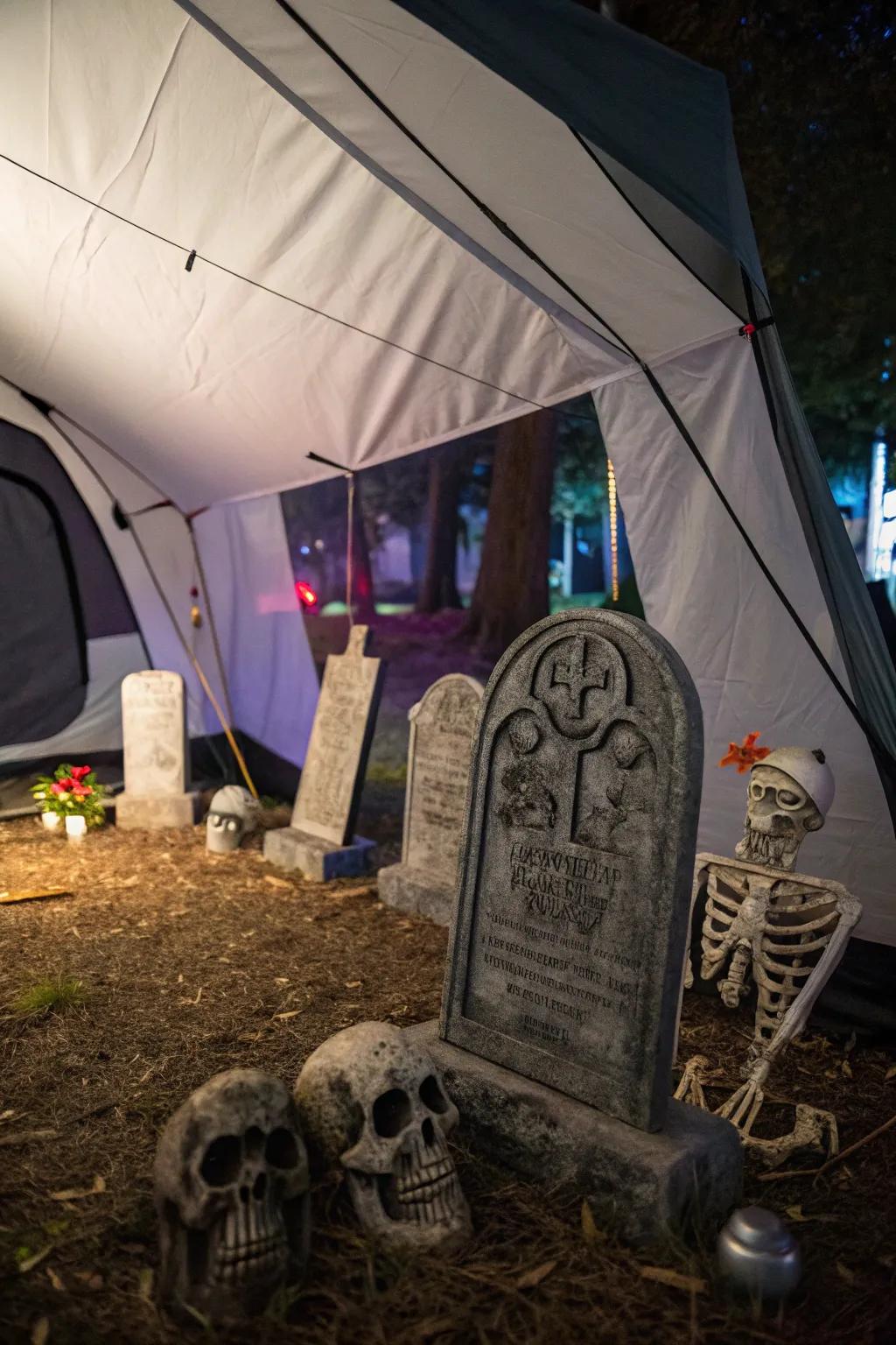 Evoke chills with a haunted burial ground setup inside your tent.