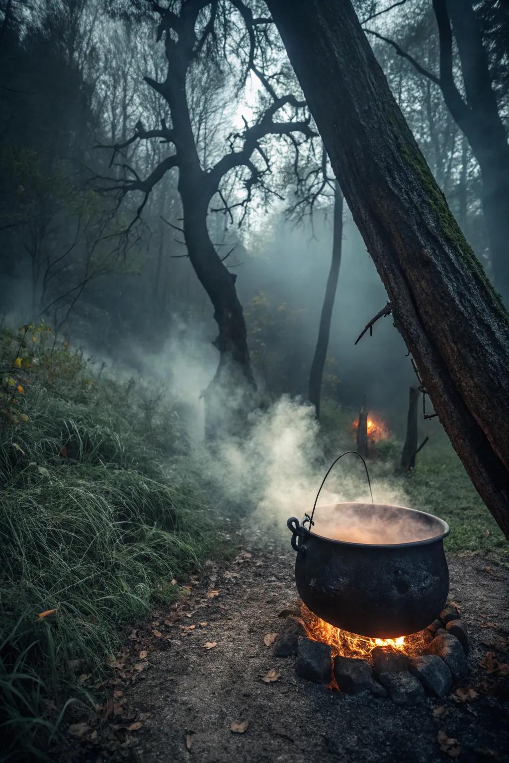 A witch's kettle bubbling with mystical haze and lights.