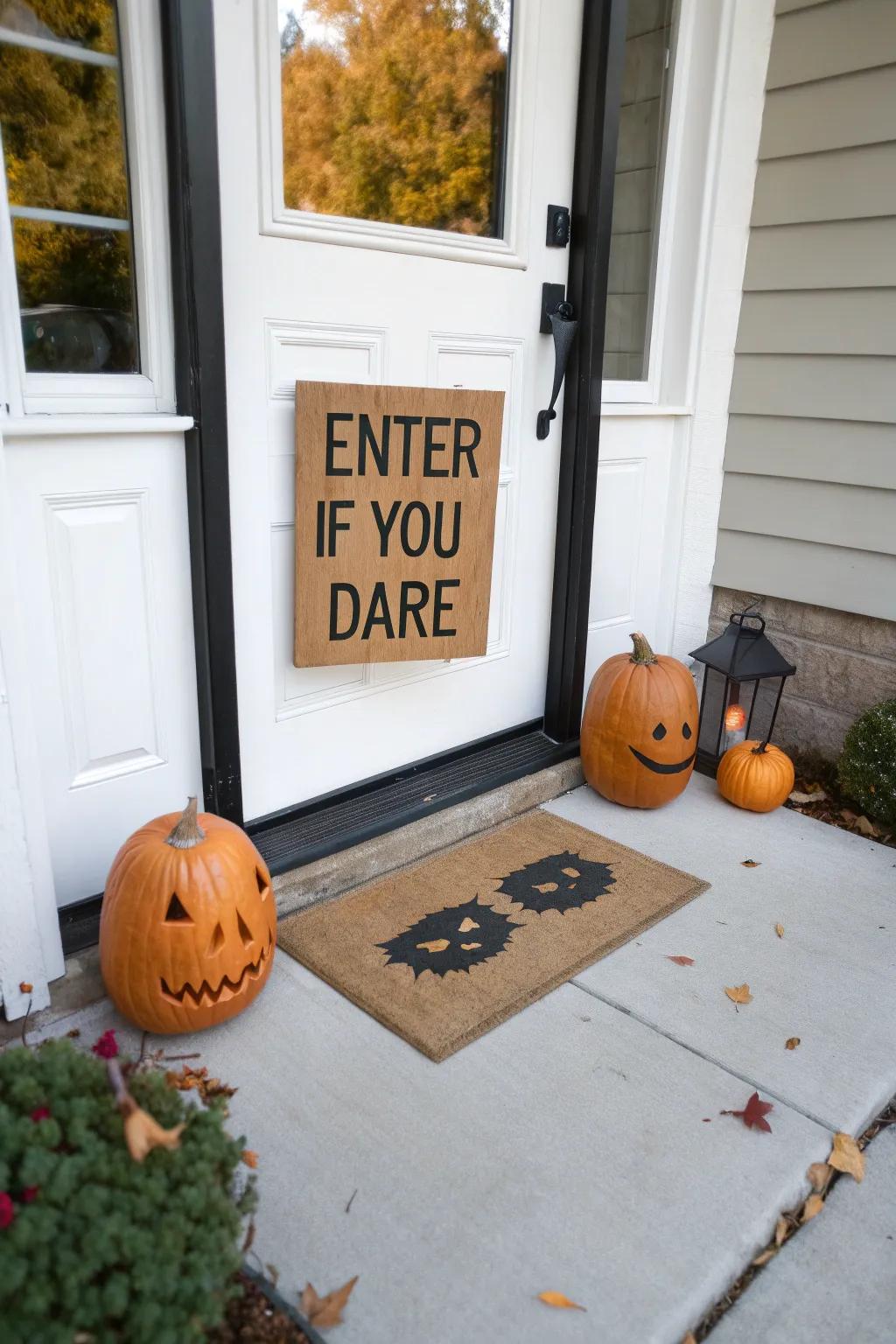 A film door mat sets the Halloween mood from the doorstep.