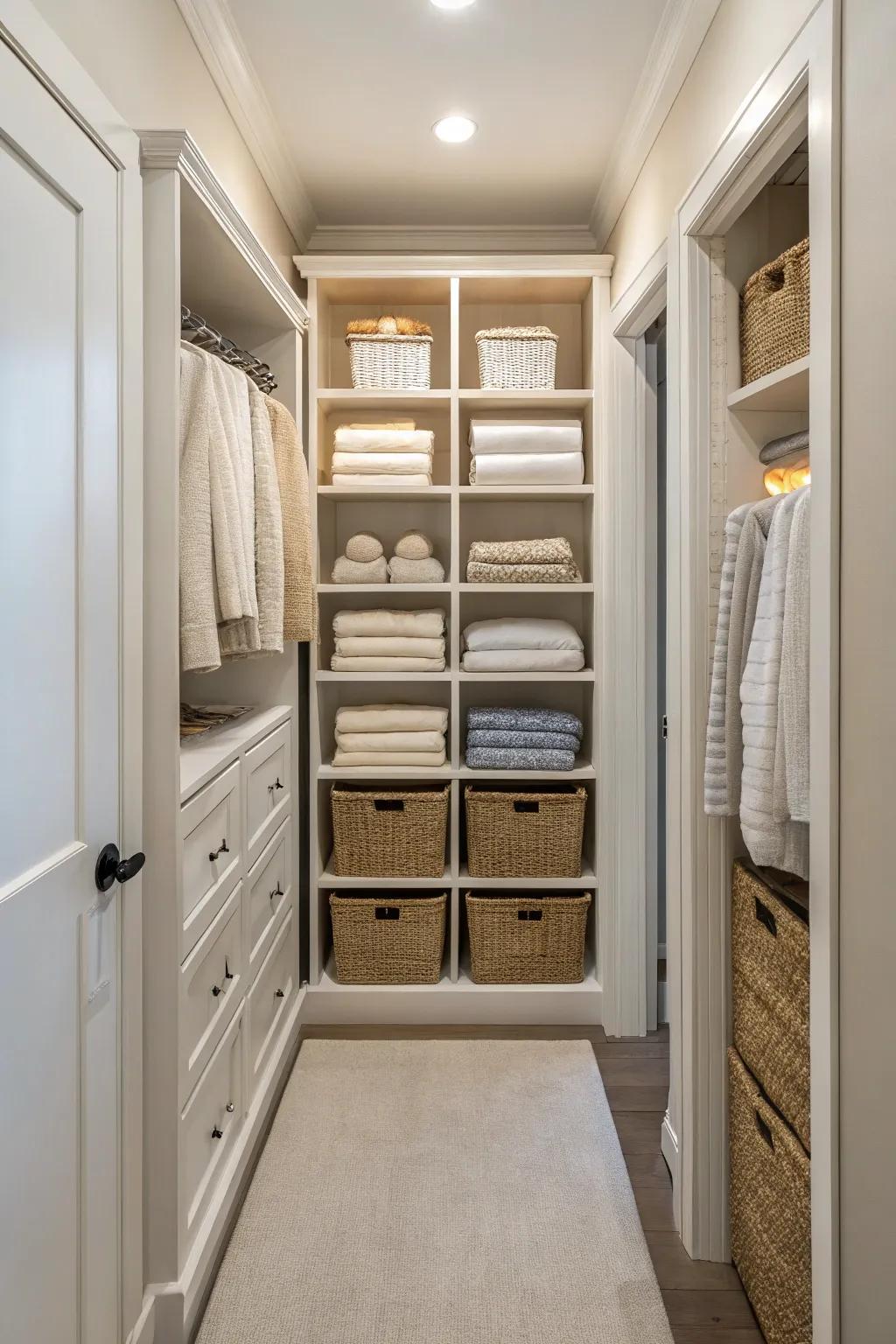 Linen section in a hallway closet featuring neatly organized shelves.