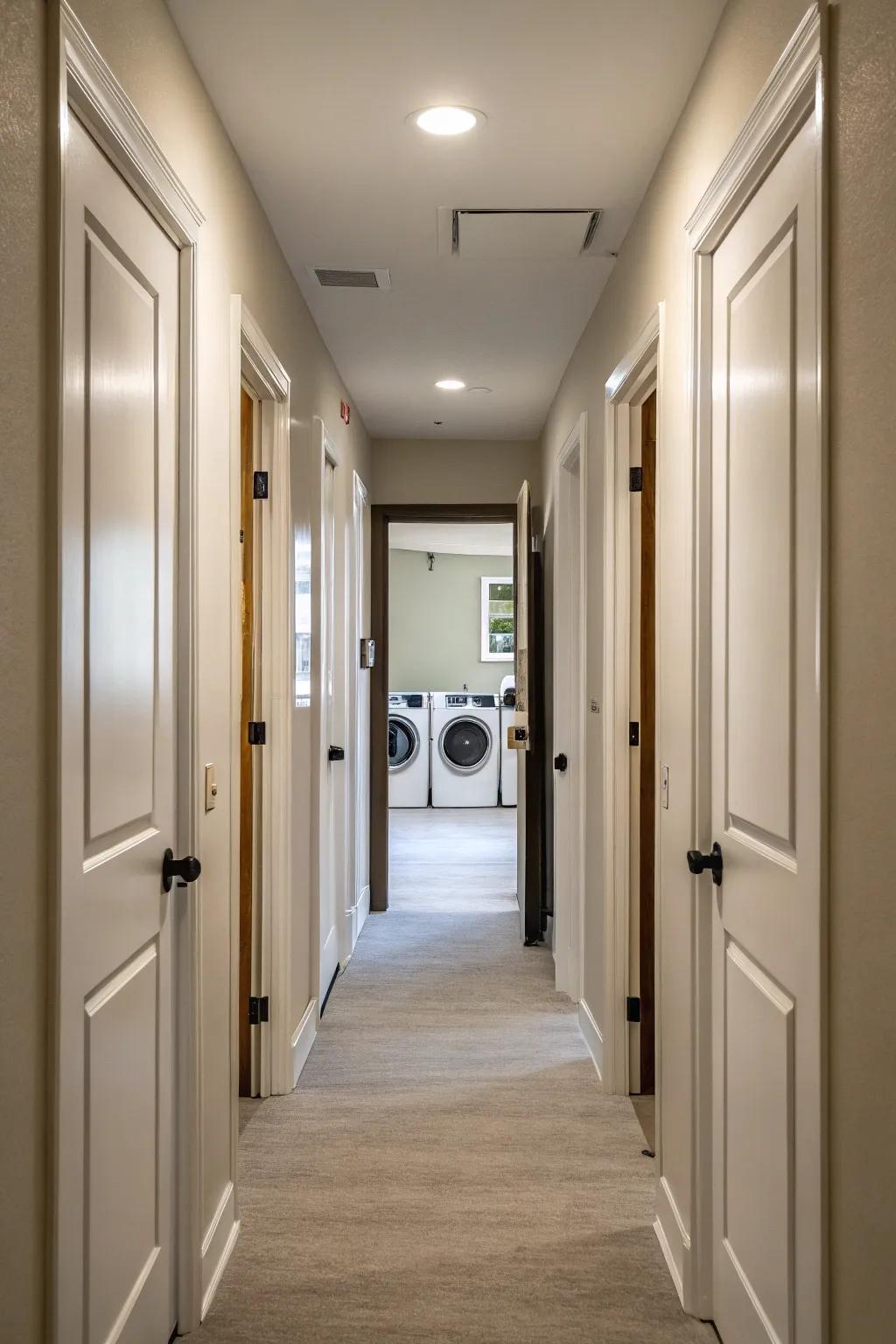 Solid core doors assist in maintaining a quiet atmosphere by lessening laundry room sound.