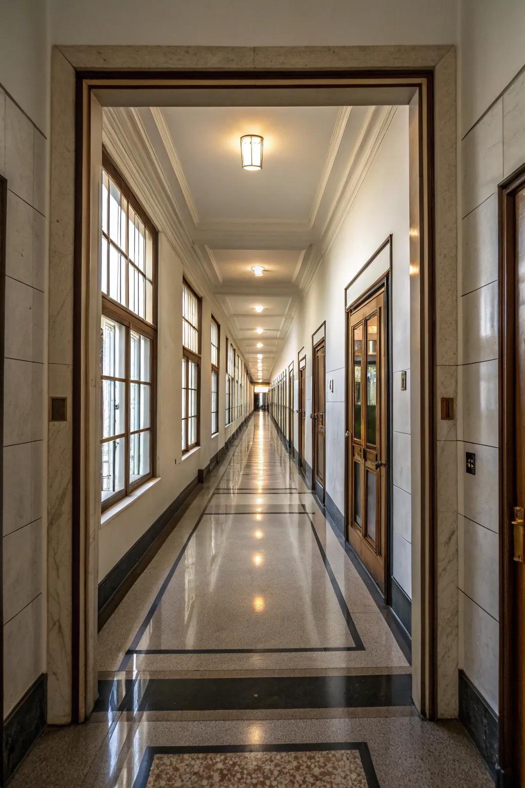 Mirrors situated at the conclusion of an entrance hall foster depth and a dramatic effect.