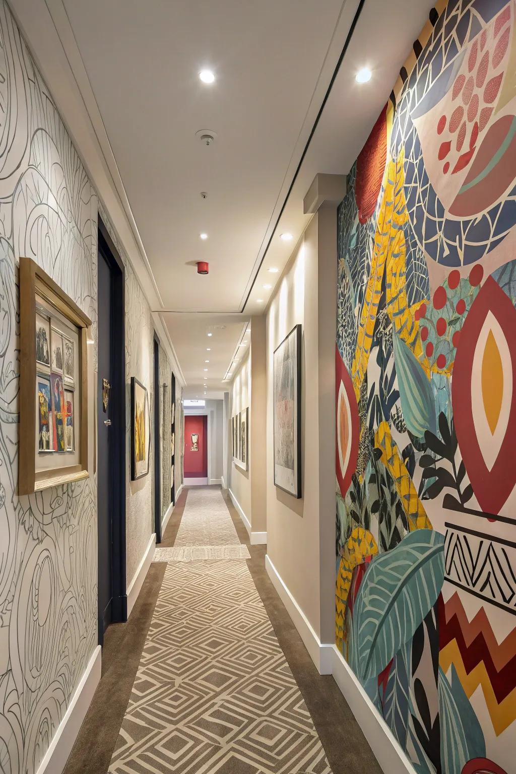 A hallway showcasing audacious, conceptual artistry appending flair.