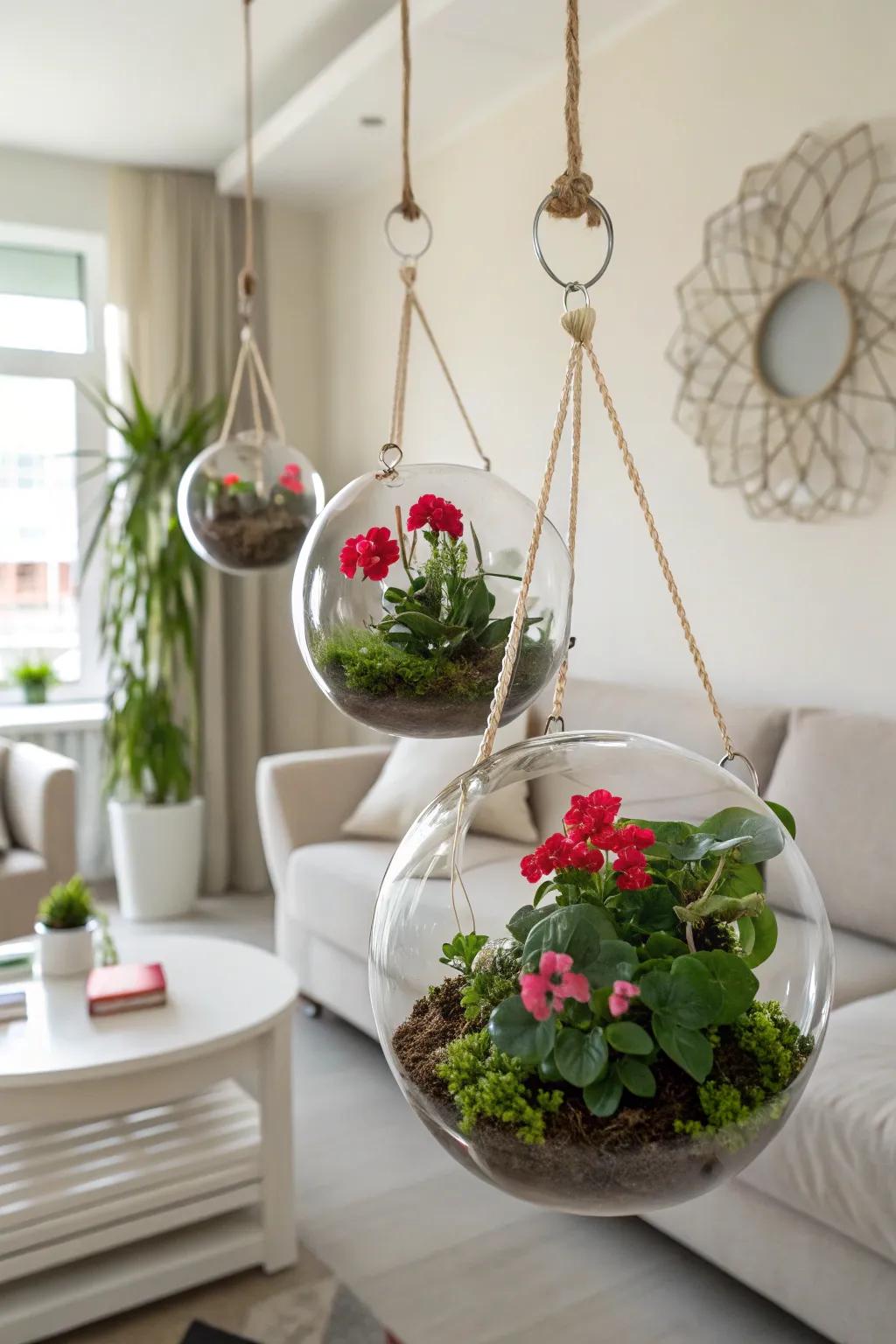 Crystal terrariums provide a polished presentation for geraniums.