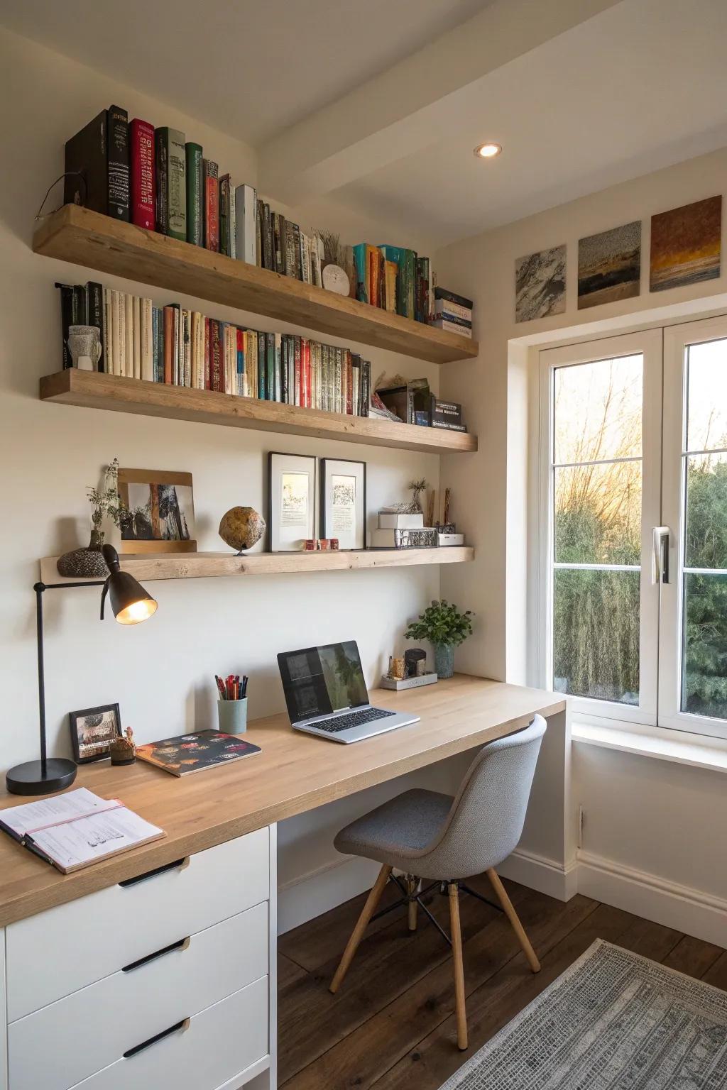 Optimize workplace space via wall-mounted desk ledges.