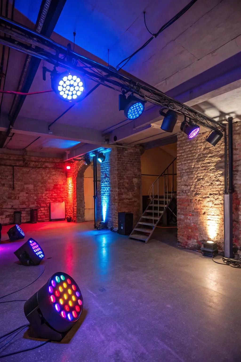 Enhance your basement's atmosphere with adaptable LED lighting.