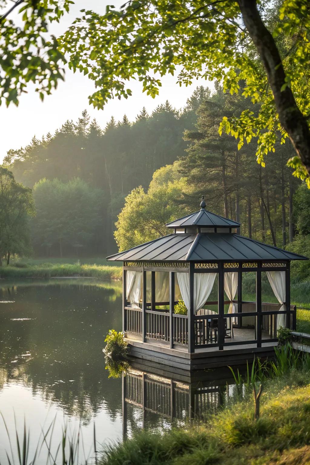 Experience tranquility with a floating gazebo on water.