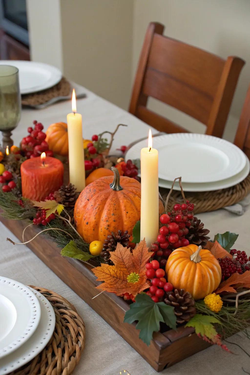 An impressive harvest table accent featuring seasonal elements.