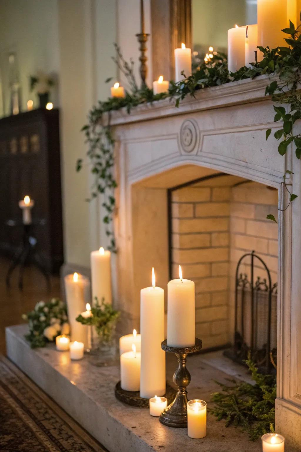 Candles construct a snug and welcoming fireplace atmosphere.