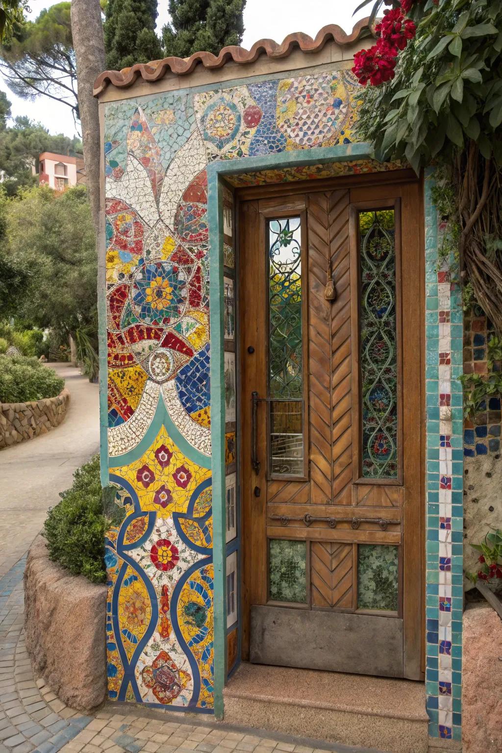 Mosaic tiles creatively conceal an outside entry.