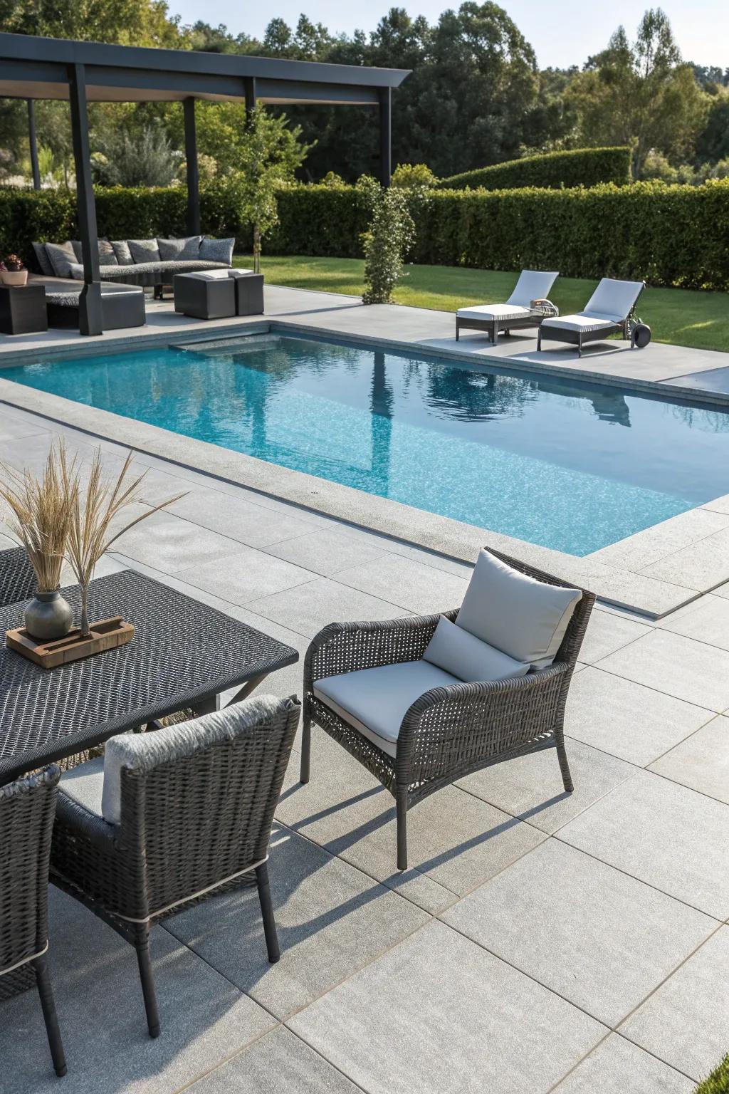 Inconspicuous drains keep the deck dry without being noticed.