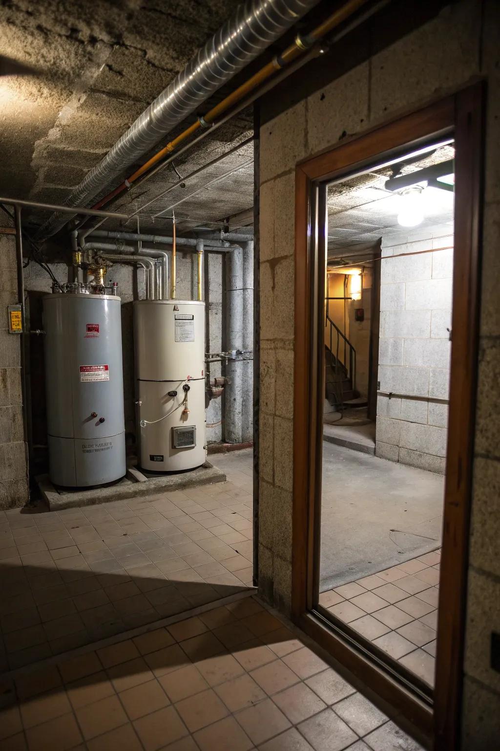 Mirrored doors adding visual space while concealing utilities.