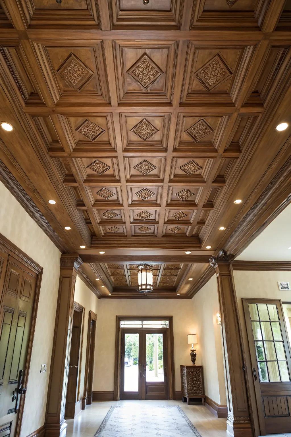 Coffered ceilings infuse architectural intrigue and depth.