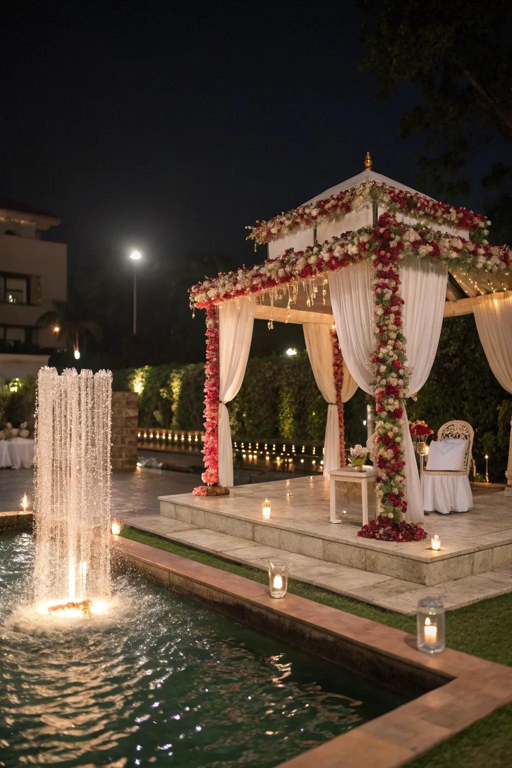 A tranquil water accent complementing the mandap's elegance.