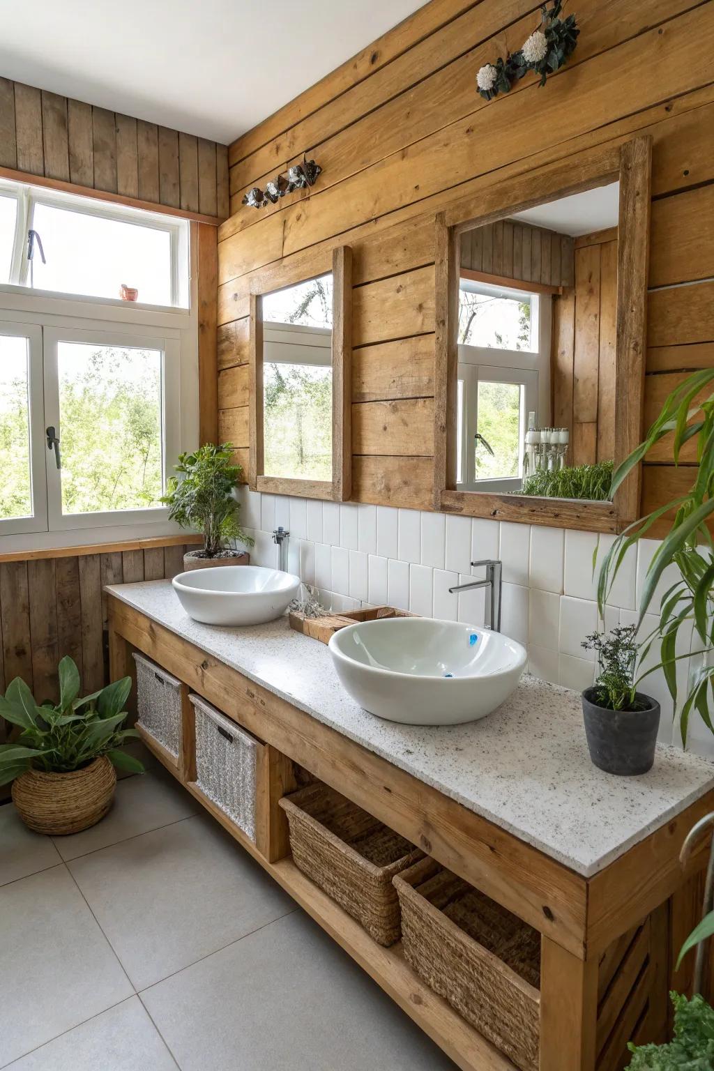 An eco-friendly bathroom layout featuring sustainable features.