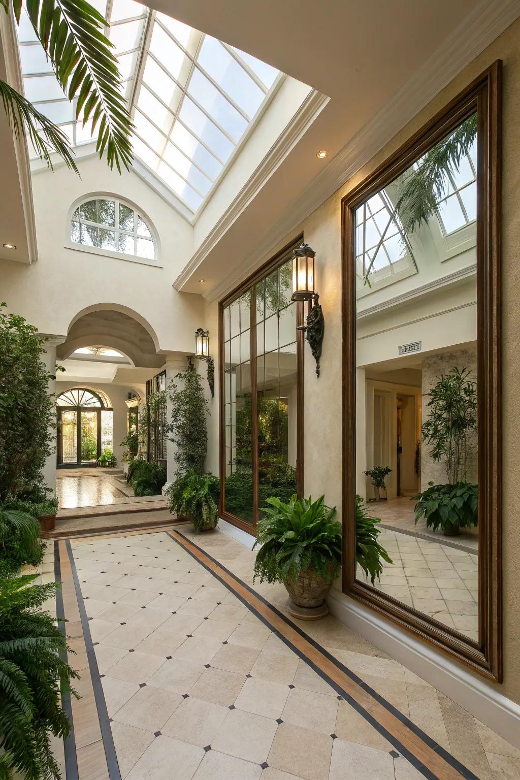 Mirrors enhancing light and area within an atrium.