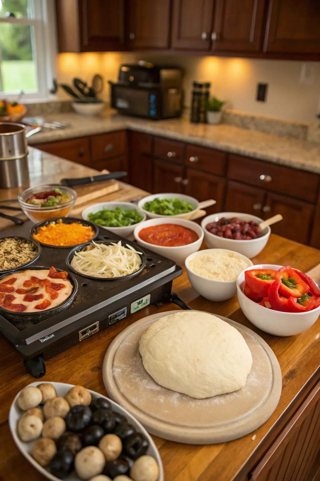 An engaging pizza station that functions as both a dining area and entertainment.