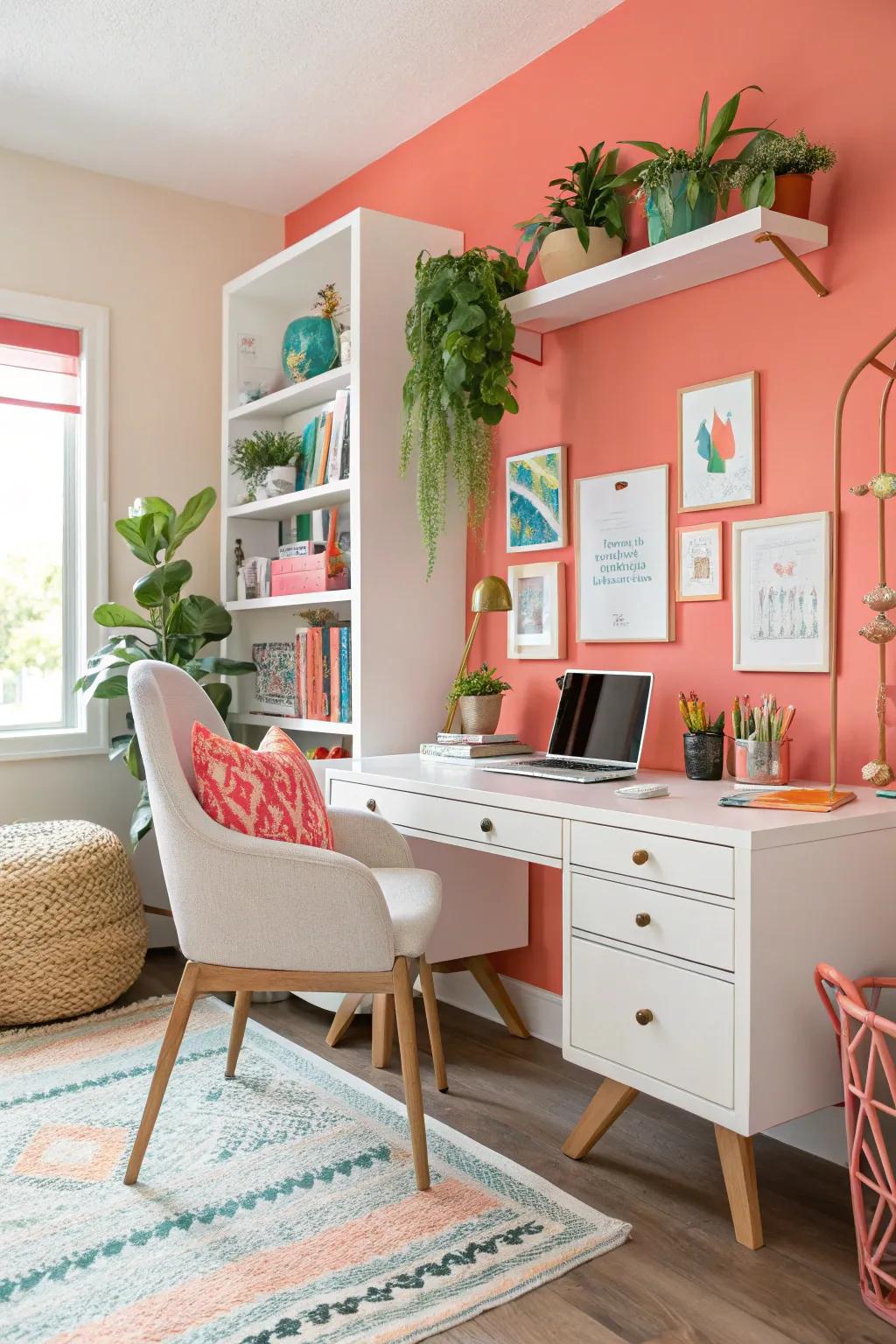 Coral walls introduce playfulness and brightness to this home office.