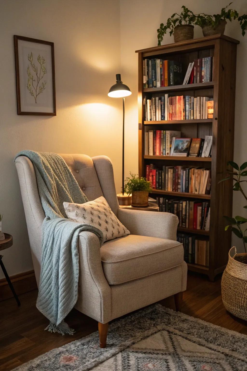 A cozy nook designed for unwinding and reading.