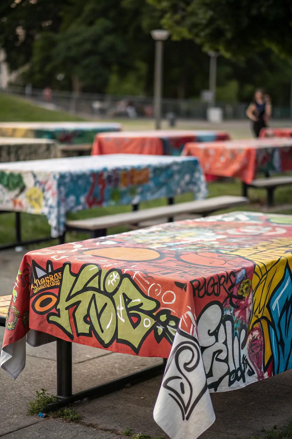 Graffiti tablecloths furnish an artistic 90s street atmosphere.