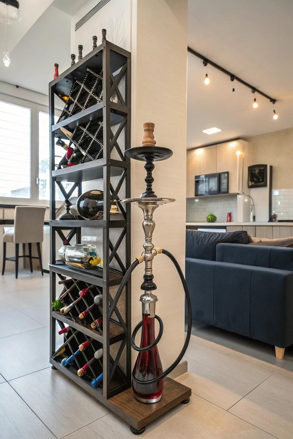 A wine rack creatively repurposed for storing shisha pipes.