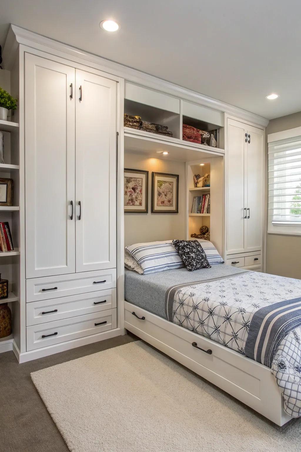 A sleeping space maximizing space via a hideaway bed and built-in cabinetry, ideal for orderly lifestyle.