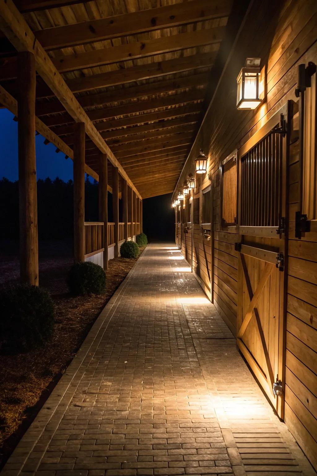 Walkway illumination ensures secure and straightforward navigation in the stable.