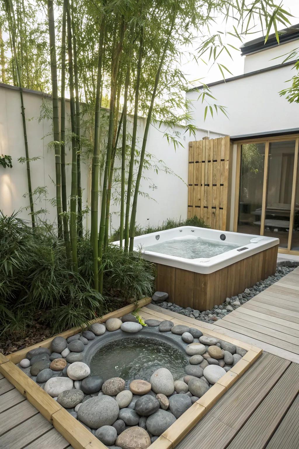 Design a peaceful Zen getaway with your hot tub as the focal point.