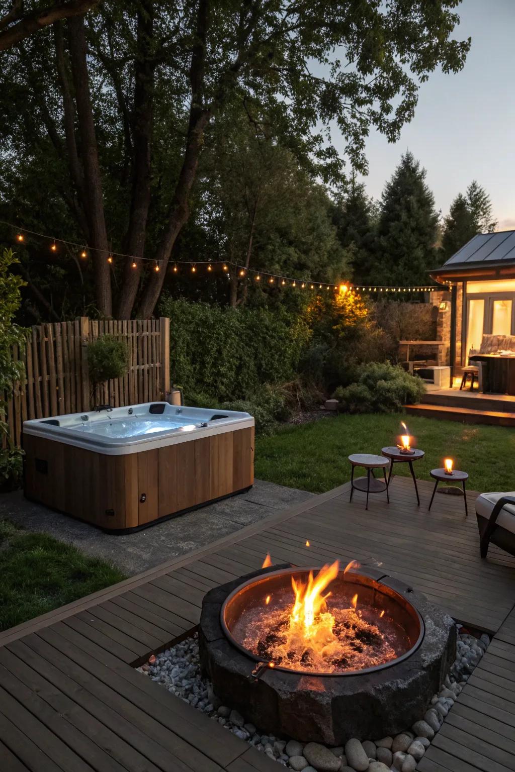 A fire bowl incorporates warmth and ambiance, ideal for chilly evenings.