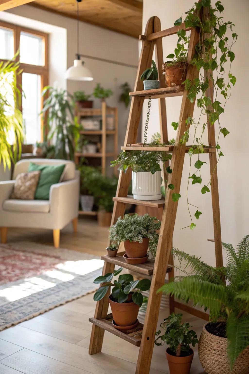 A botanical ladder offers a unique vertical display for your collection.