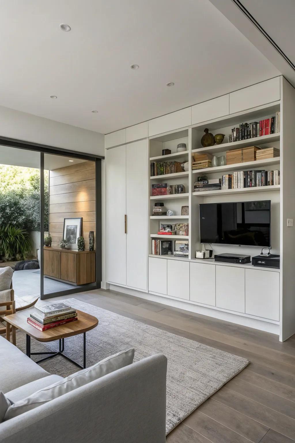 An uncluttered living space featuring clever hidden storage solutions.