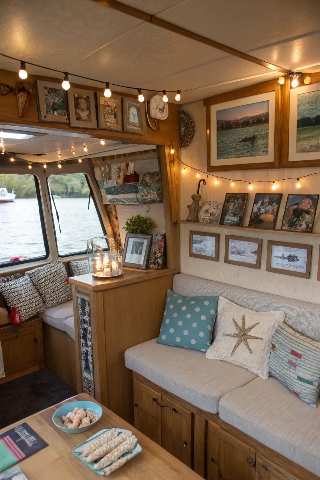 Personal accents make this houseboat feel like a home.