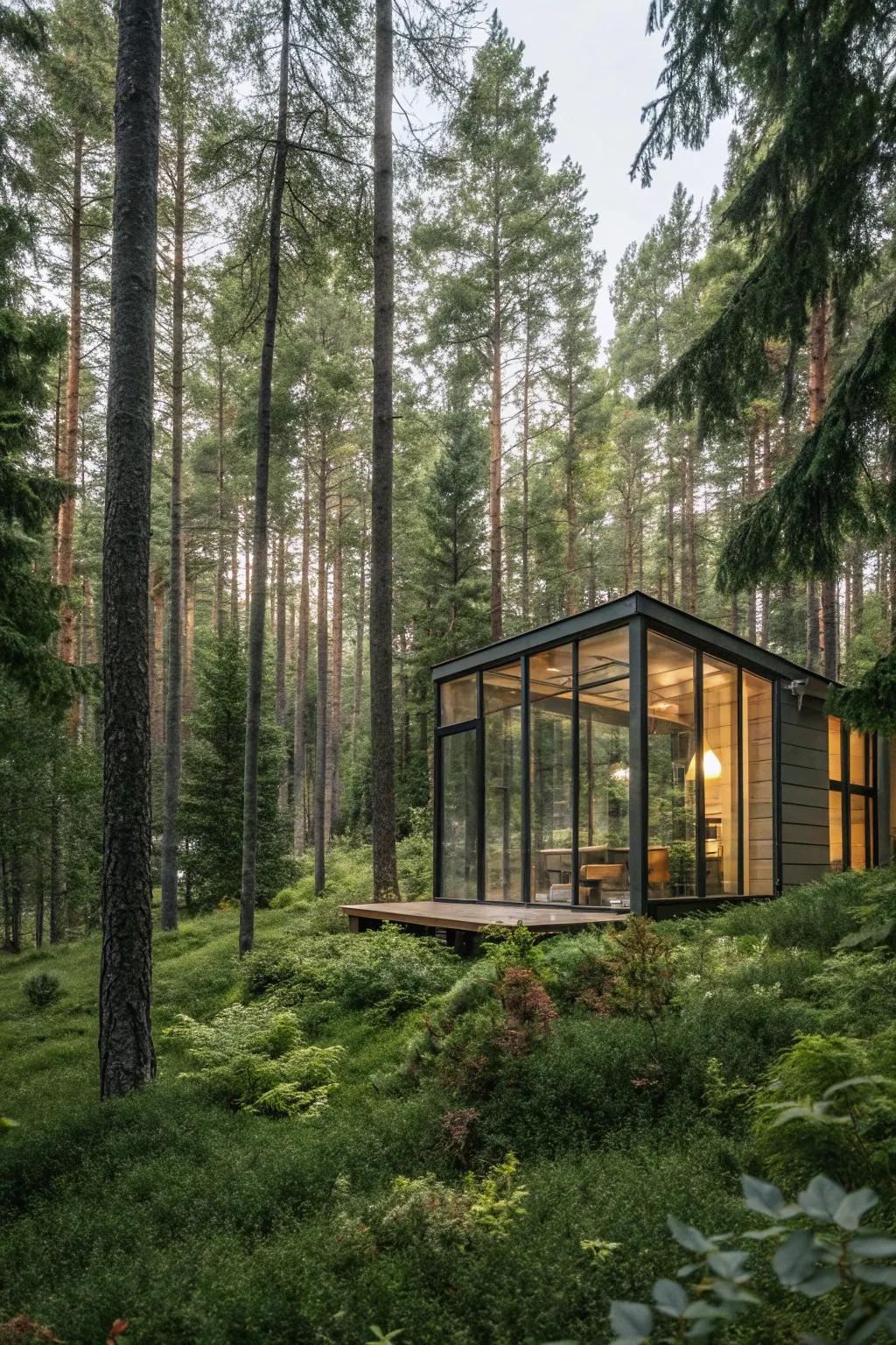 A glass cabin offering unrestricted views of the surrounding forest.