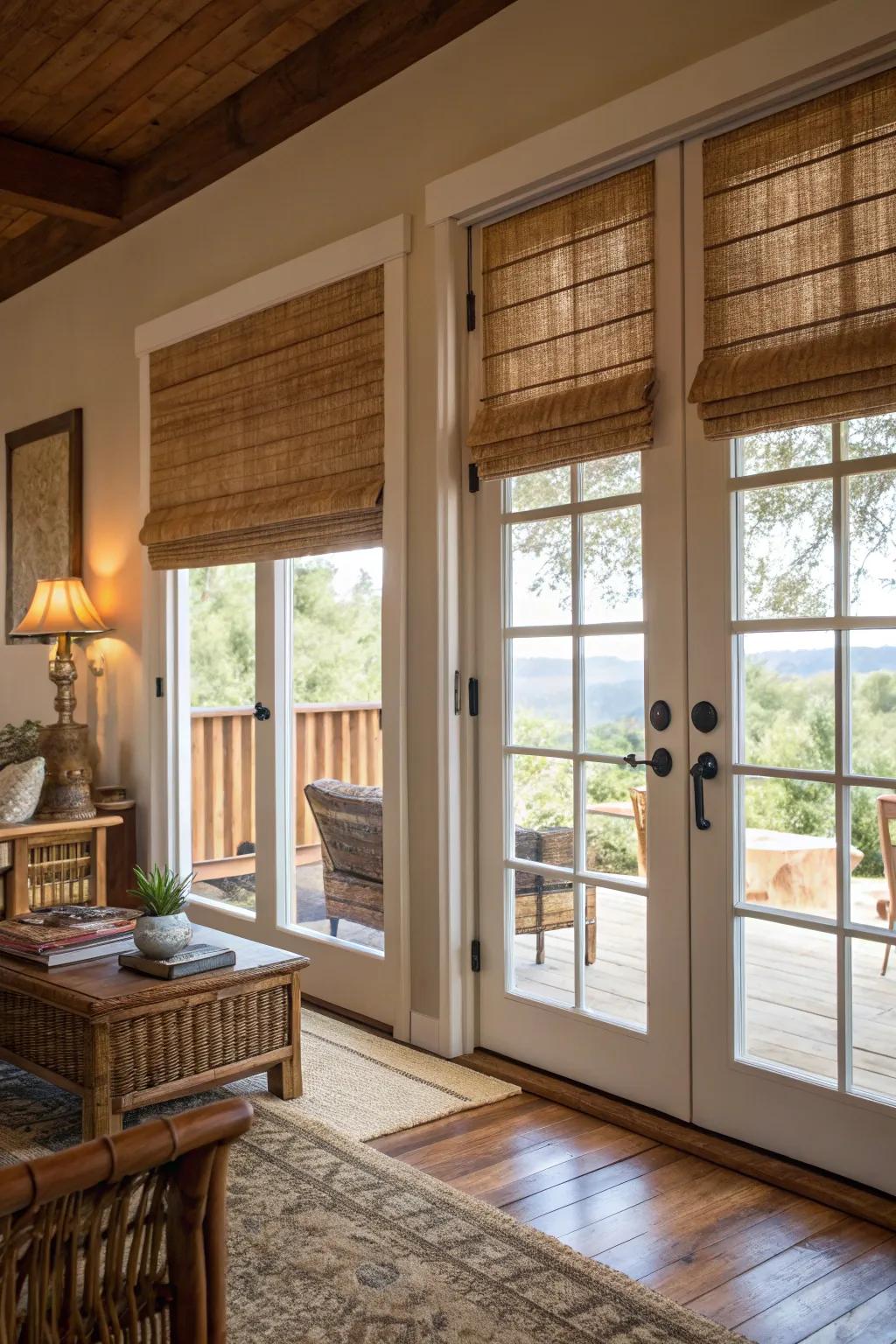 Bamboo shades introduce an organic element and privacy to French doors.
