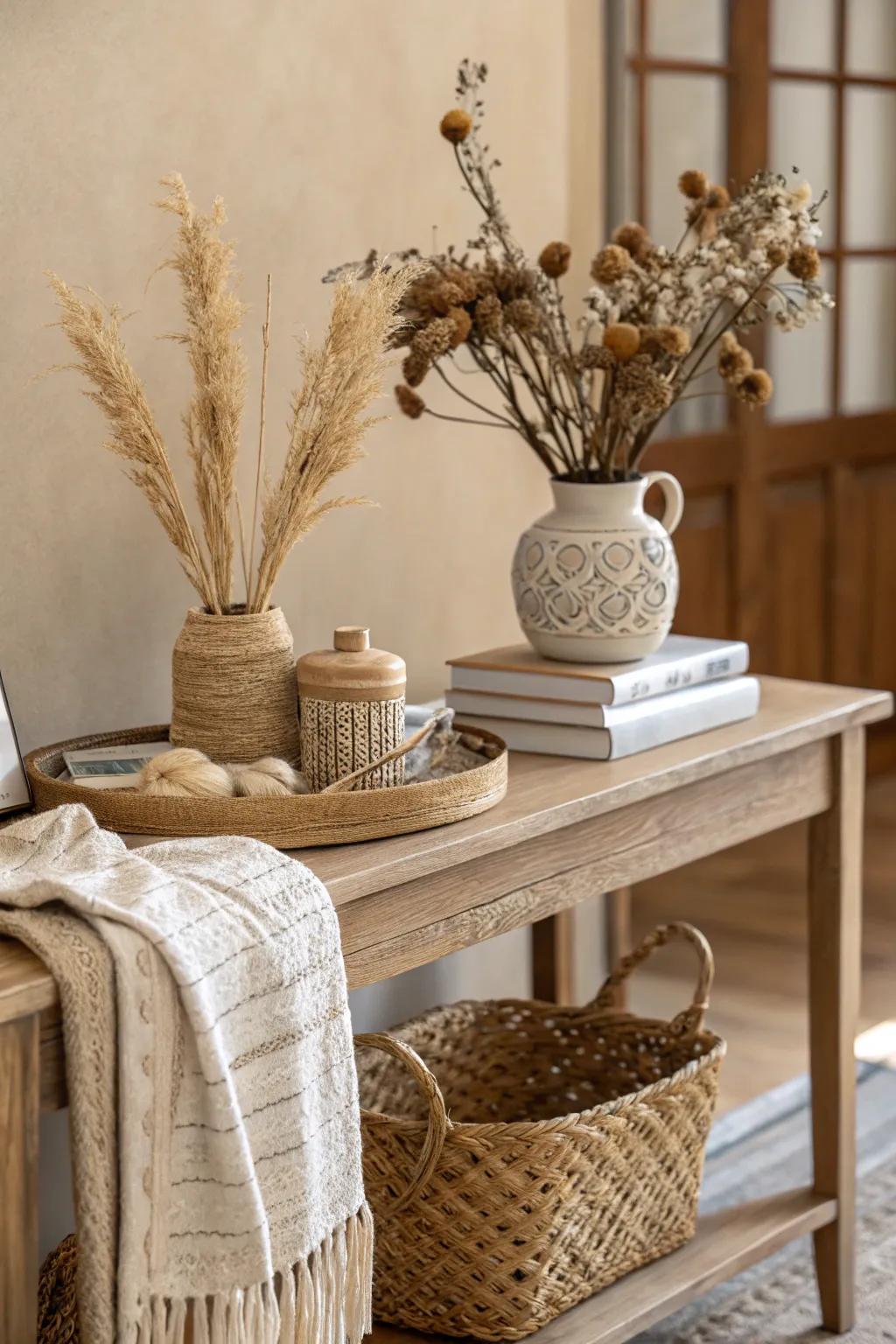 Neutral shades and organic textures cultivate a calming atmosphere.