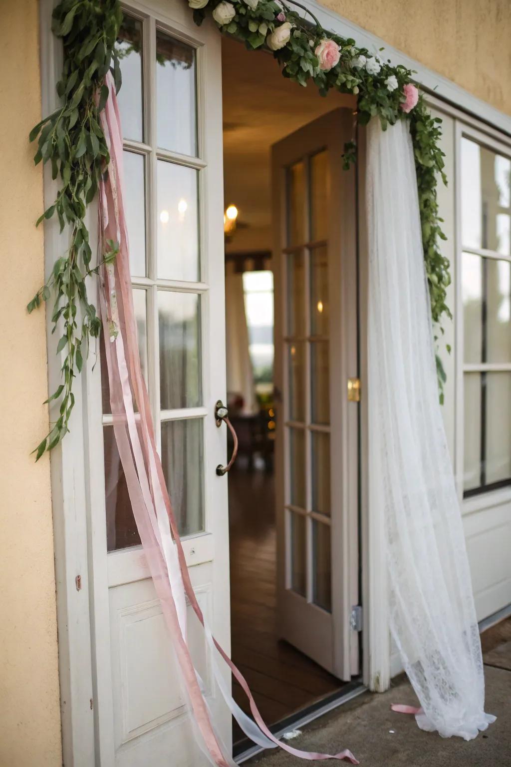 Infuse a playful sensation using a ribbon threshold drape.