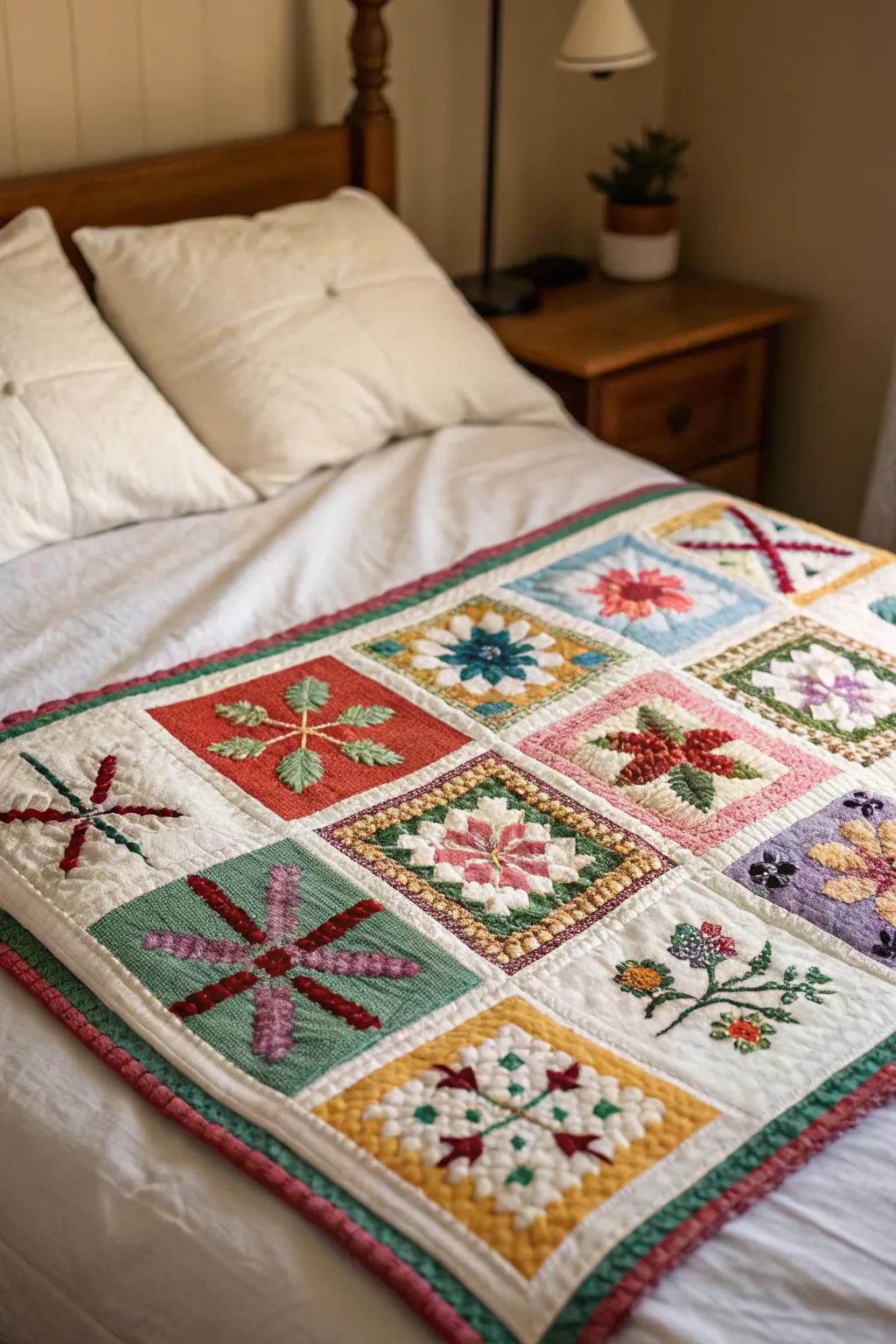 Quiltwork quilts with cross stitch add a personal touch to bedding