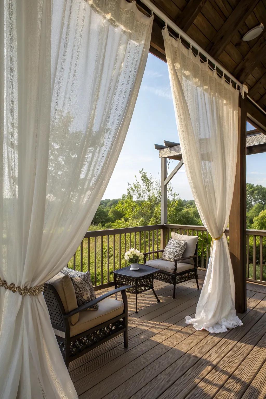 You can enjoy privacy and warmth on your winter deck with outdoor drapes.