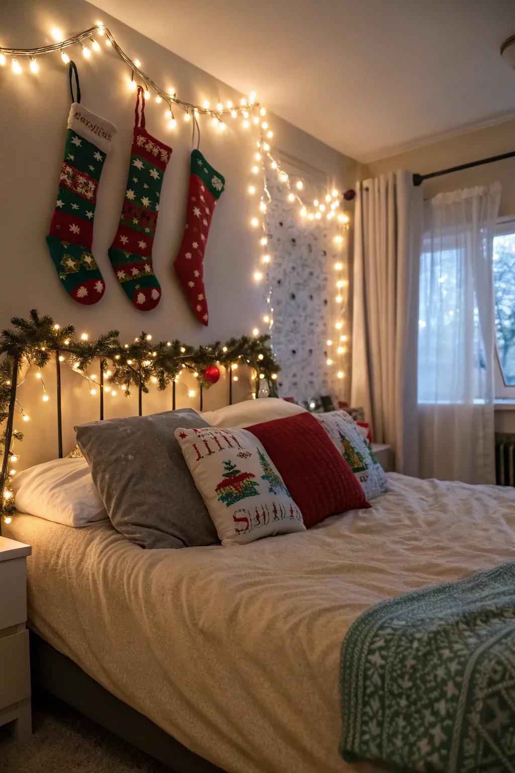The footboard of a bed provides a warm spot to display stockings.