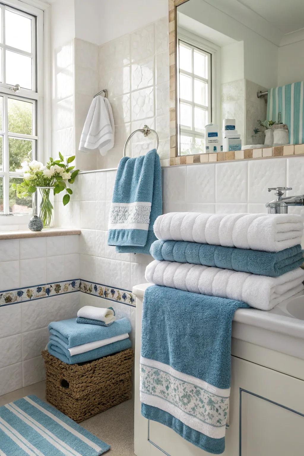 Color-matched textiles create a cohesive and stylish bathroom look.
