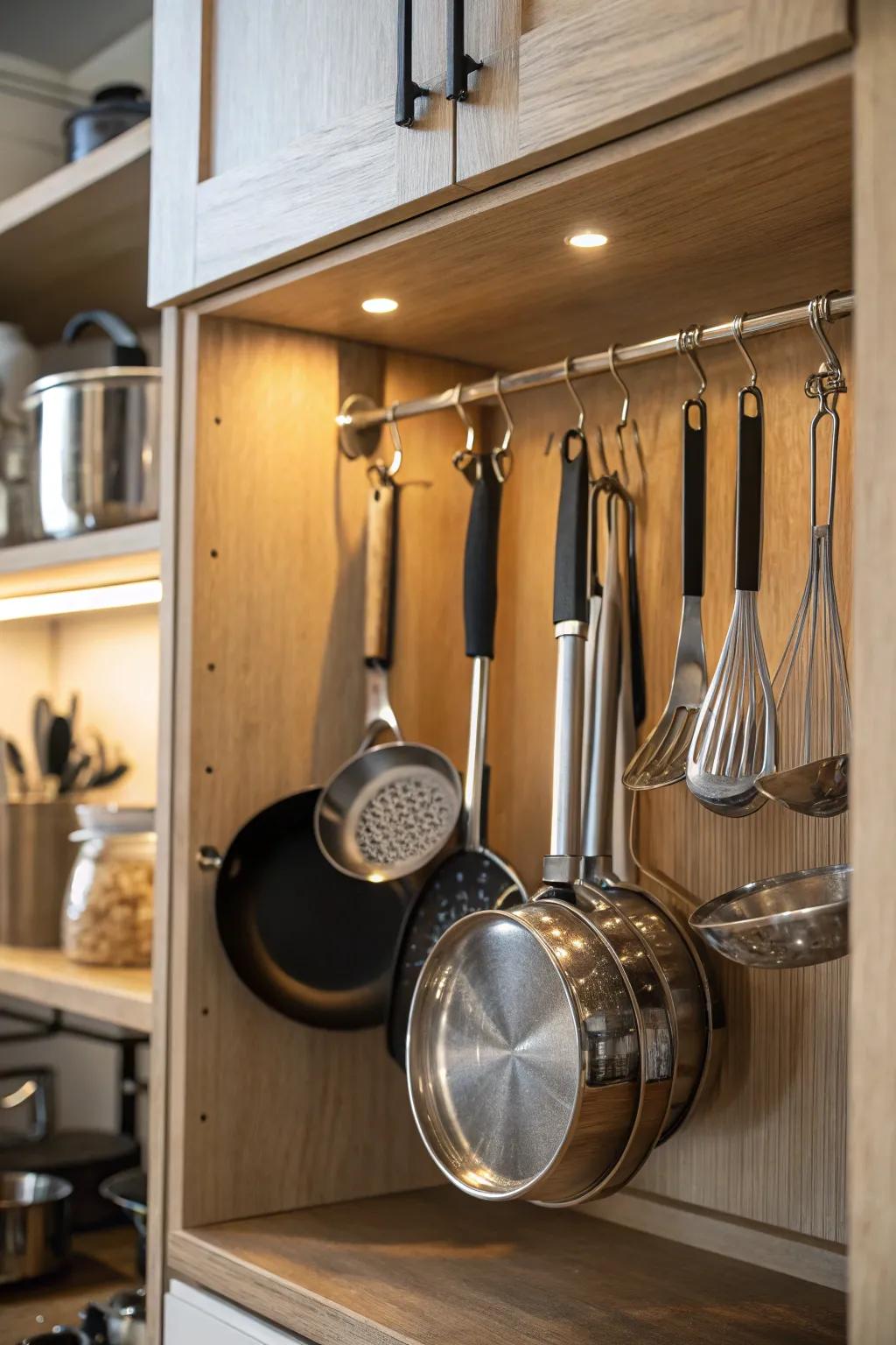 Hang cookware efficiently for ease of access.