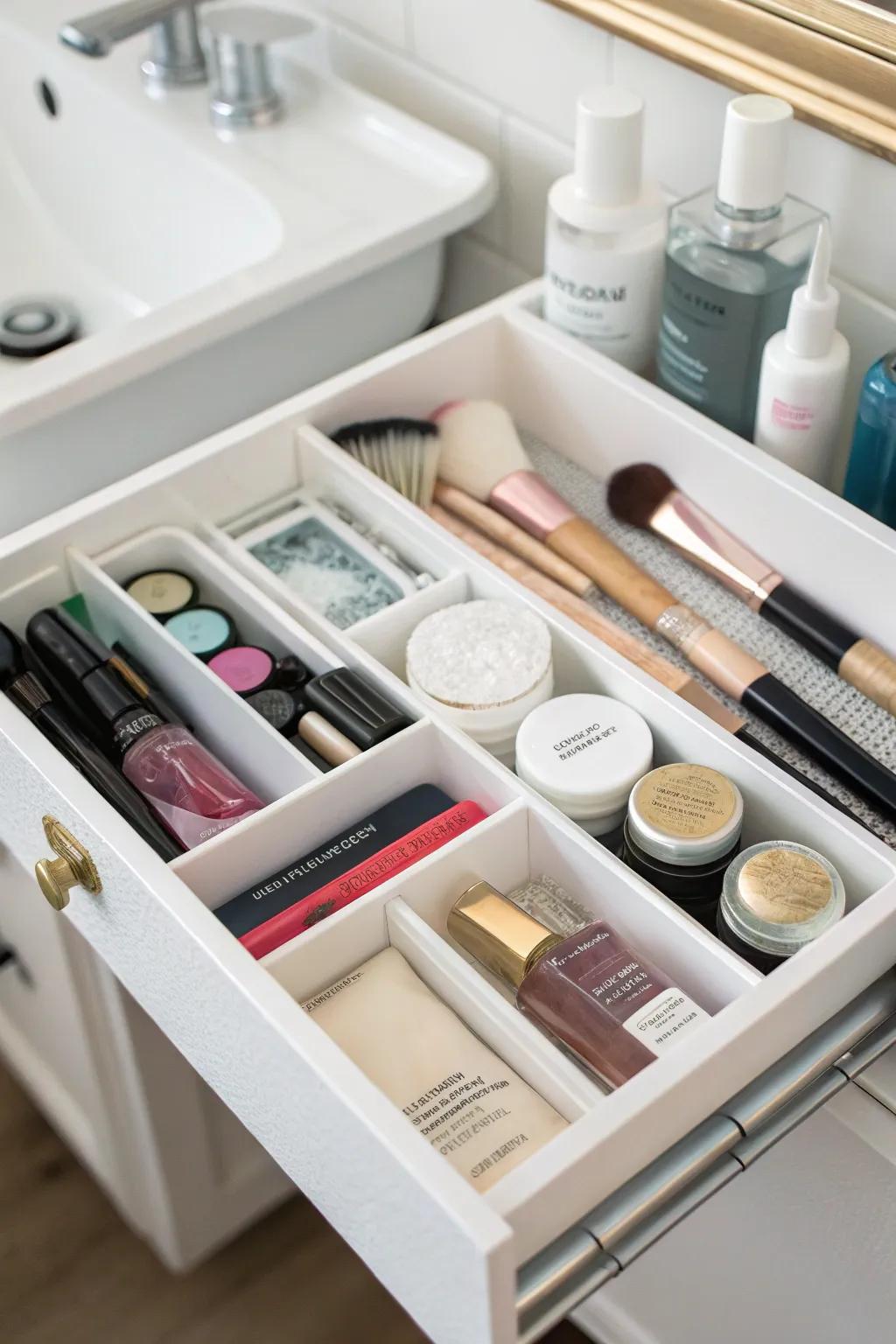 Bathroom drawer with dividers creating organized zones for cosmetics and tools.