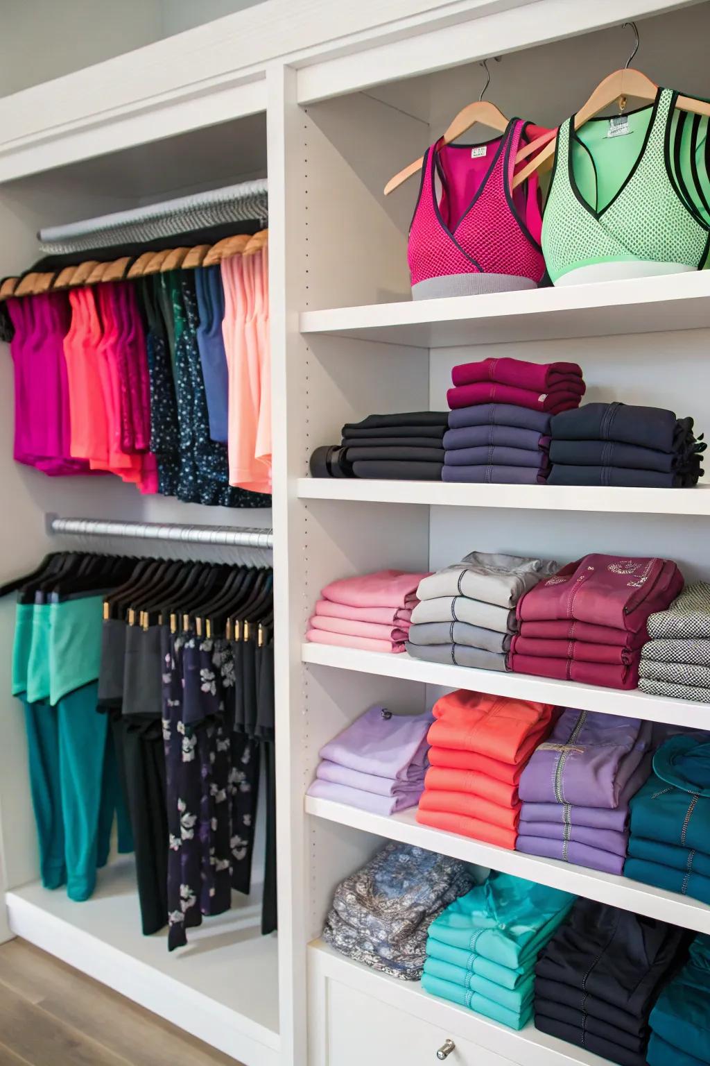 Shelves featuring workout clothes like a boutique.