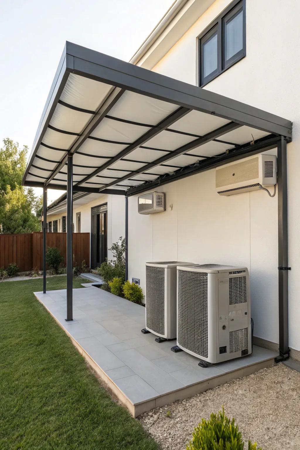 A stylish awning provides shade and enhances the outdoor space.