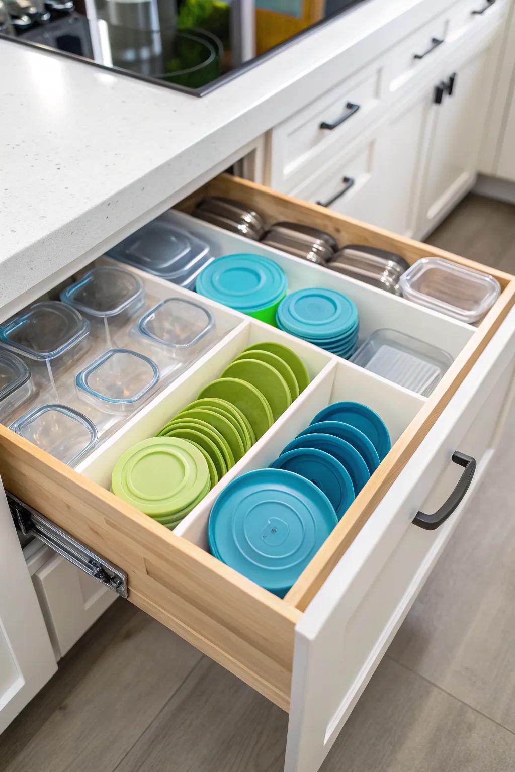 Kitchen drawer featuring tension rods that organize plastic lids.