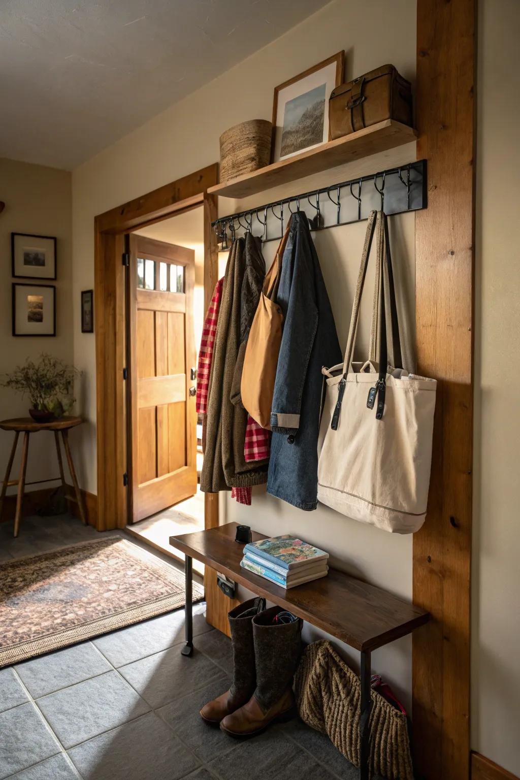 A coat rack offers a flexible storage option for totes.
