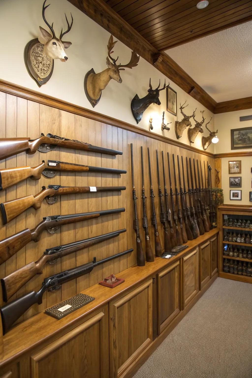 A firearm display combines functionality with visual charm.