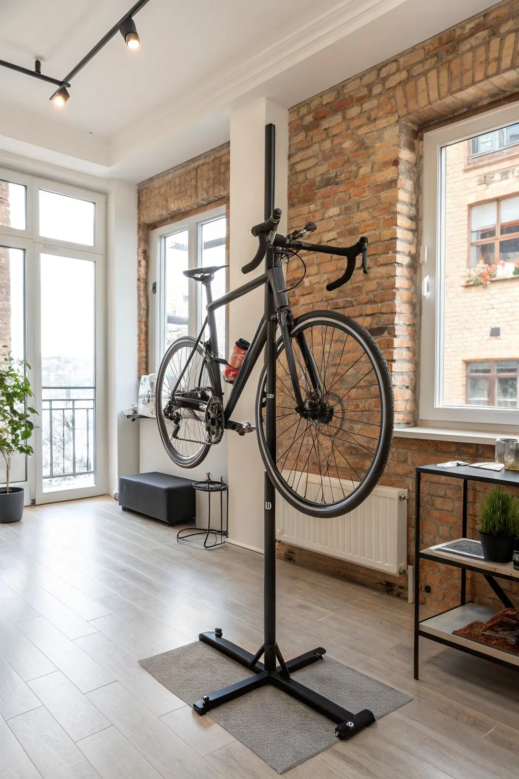 A freestanding vertical rack provides a portable bicycle storage option.