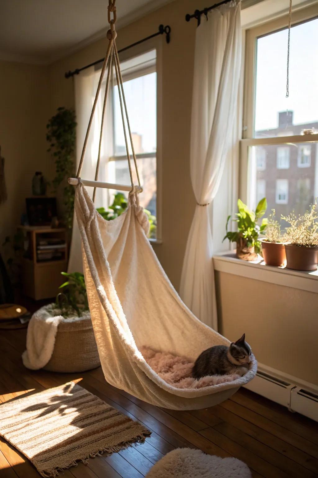 A dangling hammock offers a serene spot for cats to unwind.